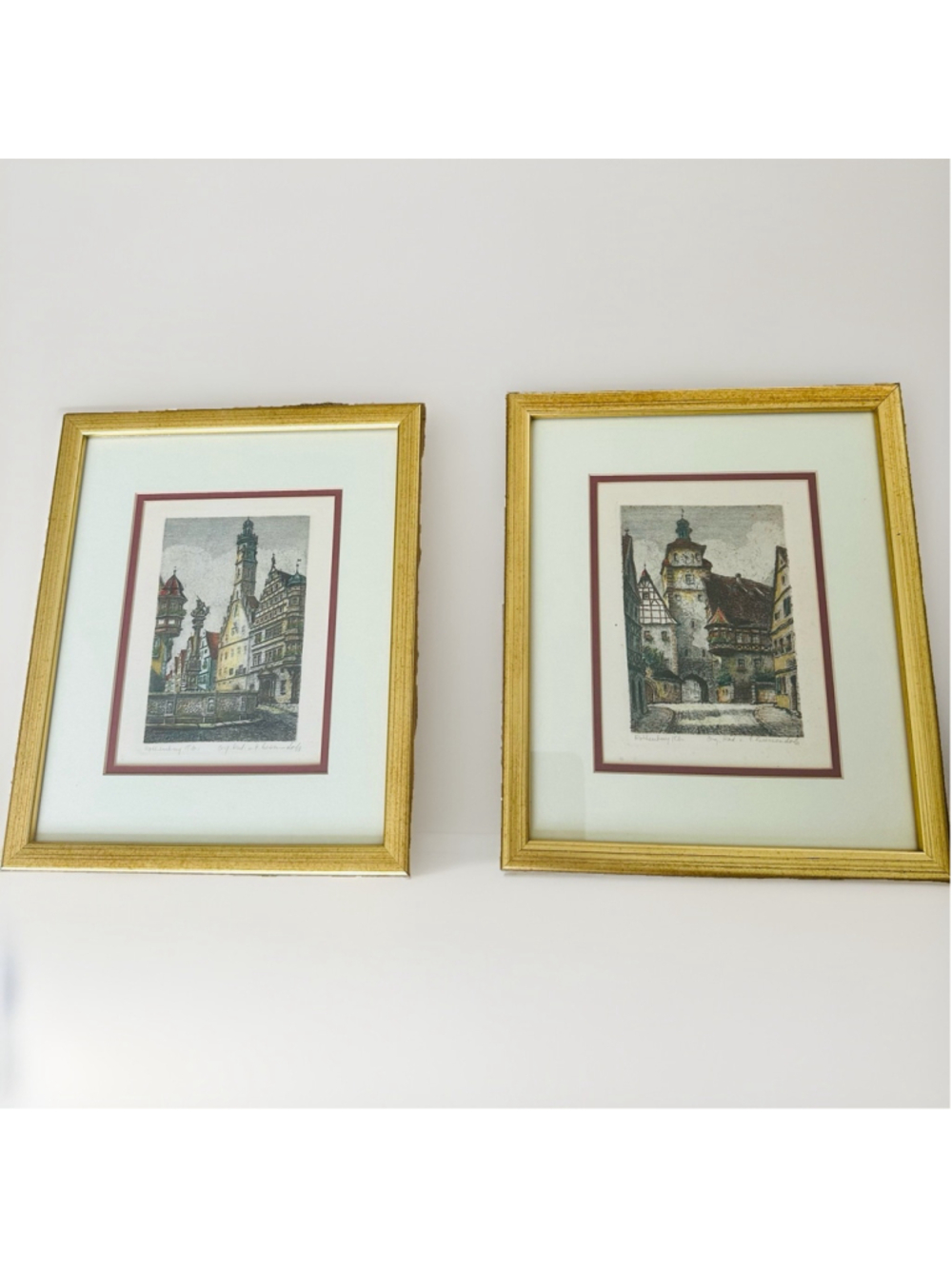 A Pair Rothenburg Gate Plonlein Vintage Hand Colored Etching Signed & Framed